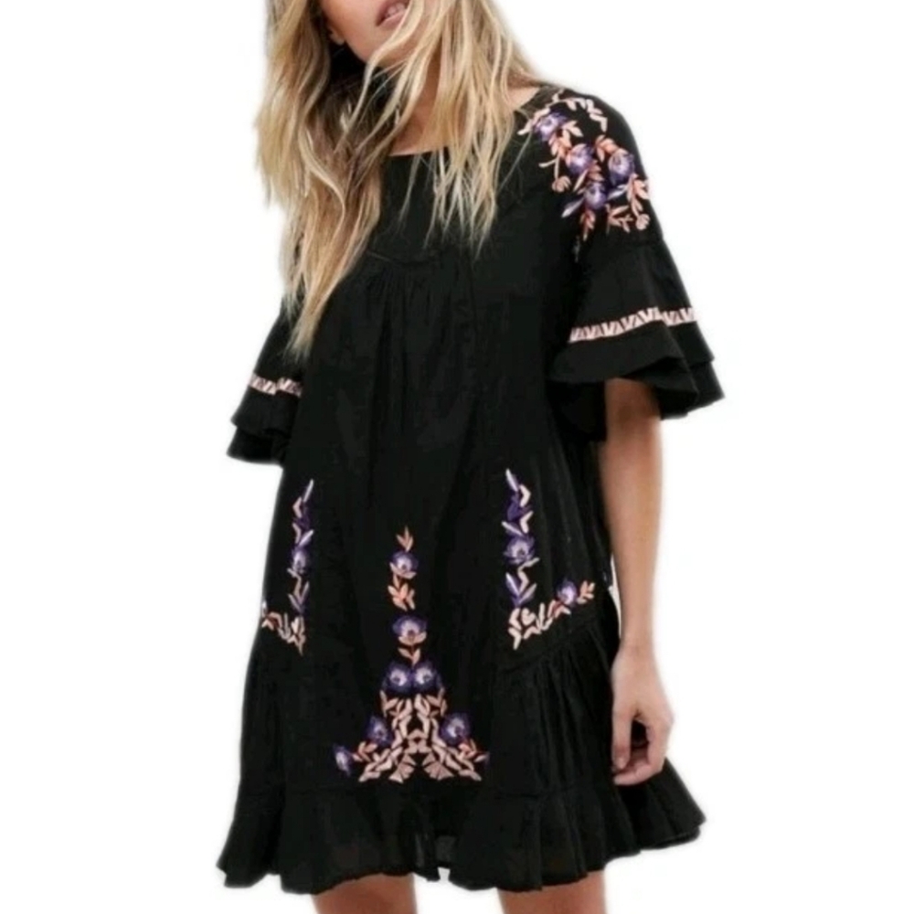 Free People Dress Women’s Size S Small Pavlo Embroidered Black Babydoll Boho